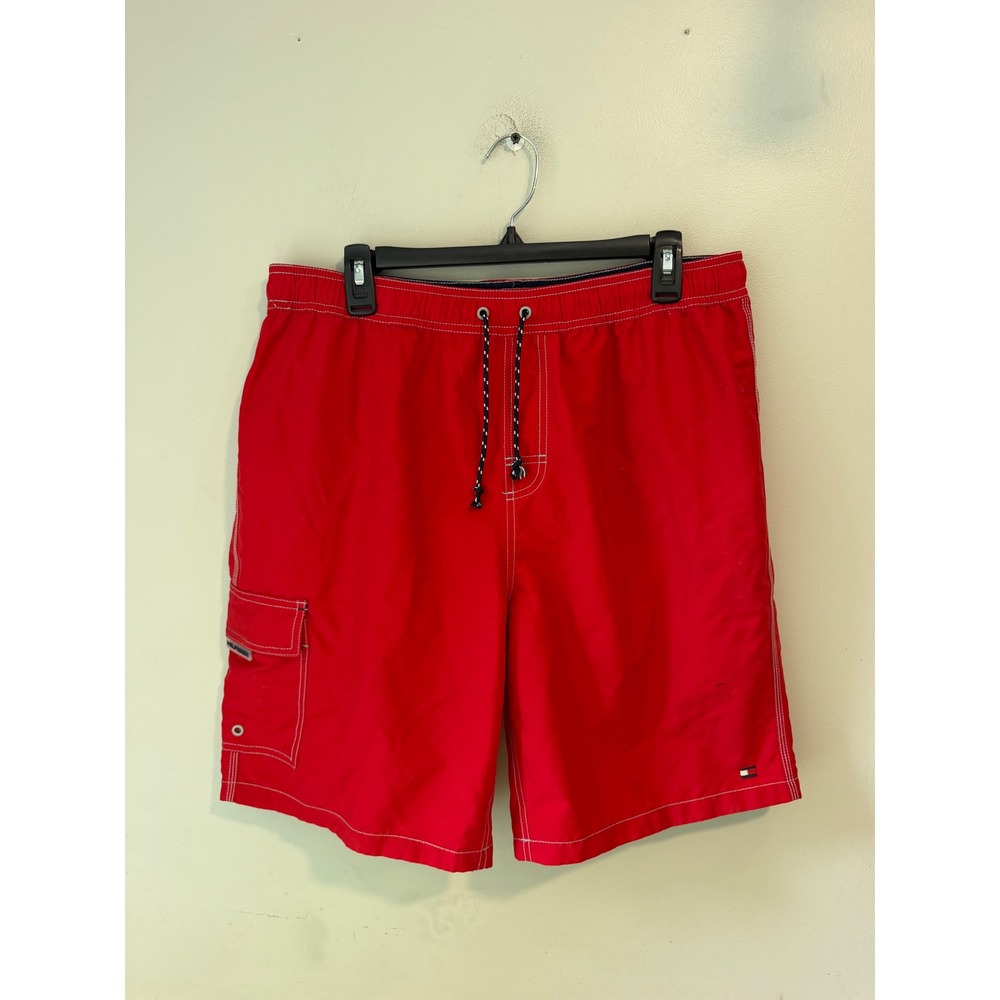 Tommy Hilfiger Mens Red Swim Trunks Cargo Pocket Board Shorts Size Large